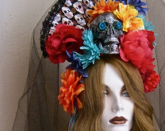 SALE Day of the Dead Headpiece Skull Flowers Halloween Costume Senorita Fan Floral Headband Colorful Flowers Veil Morticia Snow: BELLA DAMA