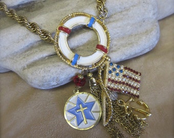 Save Our Souls: Nautical Necklace Patriotic Vintage Assemblage July 4th Collectible Americana USA American Flag US Military One of a Kind