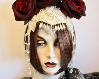 Passion Lurks: Blood Red Velvet Roses Gothic Headpiece Art Deco Fascinator Gatsby Flapper Wedding Halloween Valentine's Bride Photo Shoot