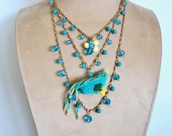 SALE On the Wing: Bird Necklace Layered Vintage Assemblage Gold Turquoise Crystals Beads Artisan Seed Beaded 3D Bird Flying Open Wings