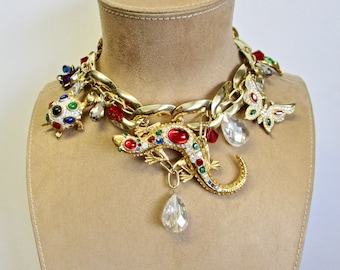 Magic Garden: Lizard Choker Necklace Vintage Assemblage Statement Turtle, Butterfly, JEWELS
