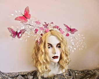 Butterfly Headpiece Fairy Headband Floral Valentines Day Sparkle Pearls Photo Shoot FANTASY WEDDING Fascinator Oversized: Mary, Alight