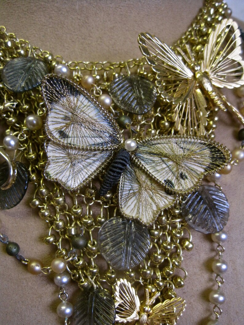 Butterfly Necklace Choker Adjustable Bib Lizard Gecko Gold Pearls Leaves Boho Bride Garden Wedding One of a Kind On the Nature of Things