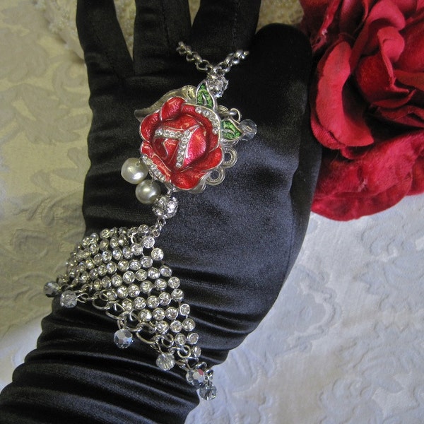 SALE Heirloom Rose: Bracelet with Ring Connected Vintage Assemblage Chain Crystals Rhinestones Antique Scarlet Enamel Red Rose Wedding