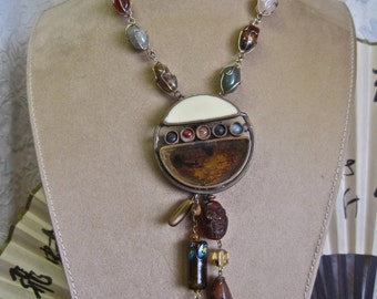 Spirit of Mount Tai: Boho Necklace Artisan Protection Vintage Assemblage Wire Wrapped Agates Jasper Glass Asian Figural Good Evil