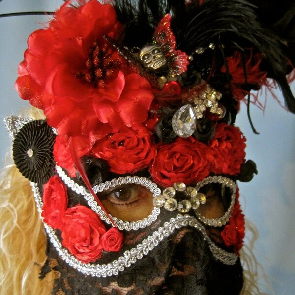 Halloween Mask MASQUE of the RED DEATH: Masquerade Mask Red Huge Black Roses Feathers Skull Death Head Butterfly Rhinestone Spider