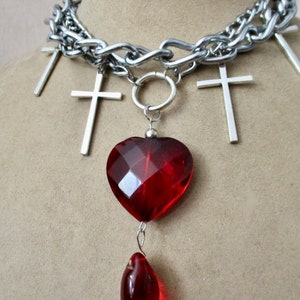 Loved to Death: Punk Bleeding Heart Choker Heavy Chains Silver Crosses Large Red Glass Heart Blood Drop Goth Rocker Statement Morticia Snow image 3