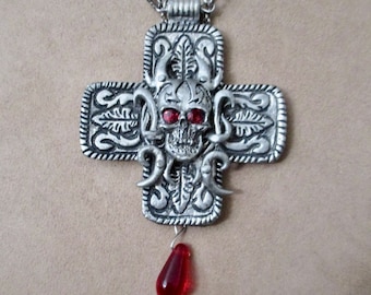 Devil's in the Details: Huge Medieval Cross Demon Skull Necklace Red Blood Drop Necklace Bleeding Antiqued Silver Vintage Assemblage