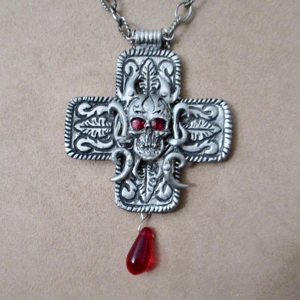 Devil's in the Details: Huge Medieval Cross Demon Skull Necklace Red Blood Drop Necklace Bleeding Antiqued Silver Vintage Assemblage