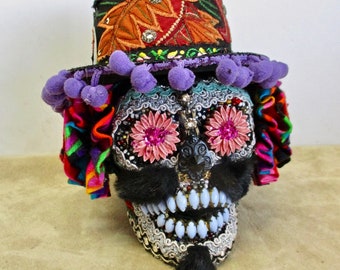 El Novio: Day of the Dead Skull BOX Trinket Box Top Hat Lifts Off SECRET Stash 3 Pc Vintage Jewelry Assemblage One of a Kind Men's Gift