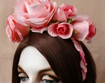 Pink Roses Headband Headpiece Flower Headband Photo Shoot Romantic Bride Headband Pink Rose Petals Morticia Snow Adult Headband: Coquette