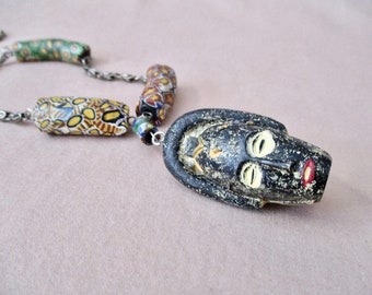 TWO FACED: African Trade Beads Necklace Antique Venetian Glass Millefiori Assemblage Tribal 2 Sided Mask Pendant, Long Chain, Shabby Chic