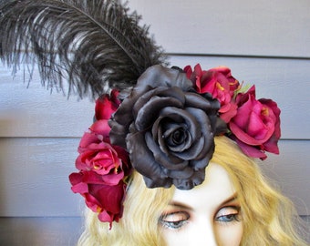 Gothic Black Rose Headpiece Flower Crown Fascinator Valentines' Day Headband Red Rose Headpiece Black Feather Headband: Dark Mistress