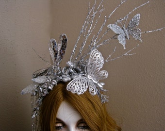 Midnight Magic: Fairy Headpiece Dragonfly Butterfly Headband Silver Rhinestones Sparkle LONG Crystal Tassel Festival Faerie Jewels