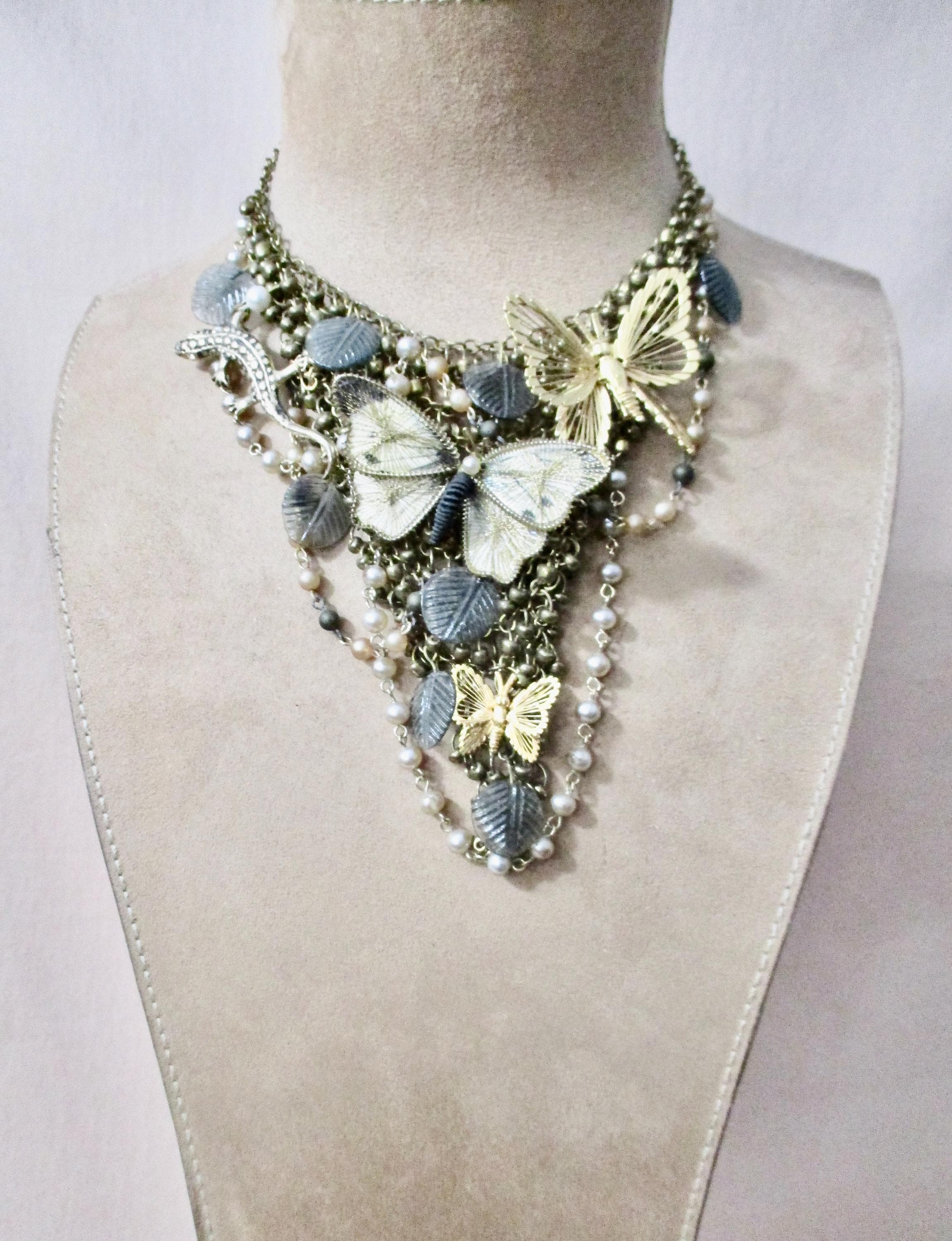 The Nature of Things: Vintage Butterfly Choker Bib Necklace Collar Golden Butterflies, Lizard