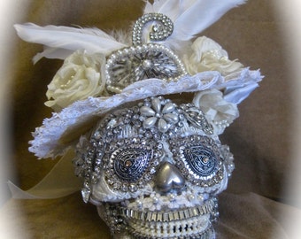 Sold/CUSTOM ORDER White Lace and Promises: Skull Trinket Box Vintage Assemblage OPENS Jeweled Hat One of a Kind Morticia Snow Made to Order