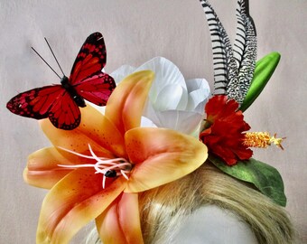 Orange Lily Fascinator Festival Flower Butterfly Headband  display picture 1