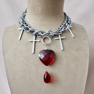 Loved to Death: Punk Bleeding Heart Choker Heavy Chains Silver Crosses Large Red Glass Heart Blood Drop Goth Rocker Statement Morticia Snow image 2