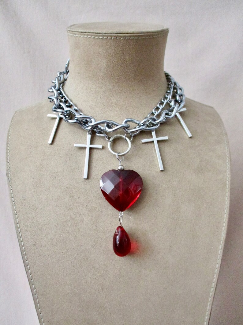 Loved to Death: Punk Bleeding Heart Choker Heavy Chains Silver Crosses Large Red Glass Heart Blood Drop Goth Rocker Statement Morticia Snow image 2