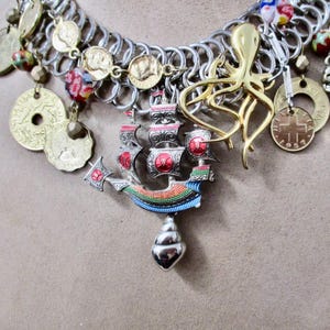 SALE Beware the Kraken: Pirate Choker Necklace Vintage Assemblage Statement Damascene Tall Ship Silver Gold Coins Skulls Giant Octopus