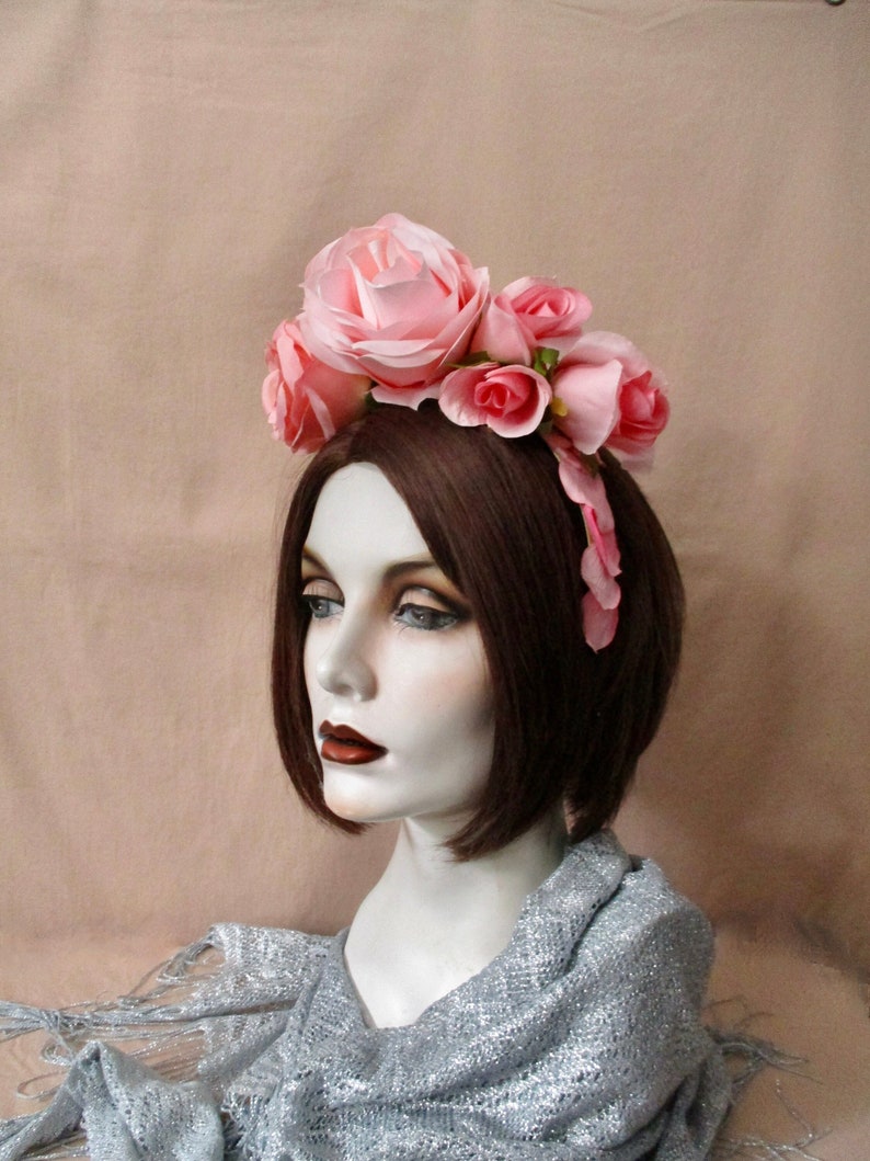 Pink Roses Headband Headpiece Flower Headband Photo Shoot Romantic Bride Headband Pink Rose Petals Morticia Snow Adult Headband: Coquette image 2