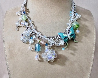 Free Spirit: Butterfly Choker Necklace Vintage Assemblage Turquoise Enamel Brilliant Aurora Borealis Crystals Aqua Boho Wedding Prom
