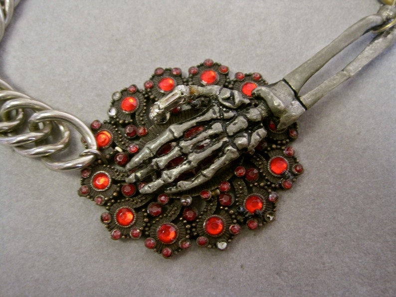 Clutch My Throat: Gothic Necklace Spooky Skeleton Hand Statement Goth Red Jewels Silver Heavy Chain Edgy Anti Valentine's Day image 5