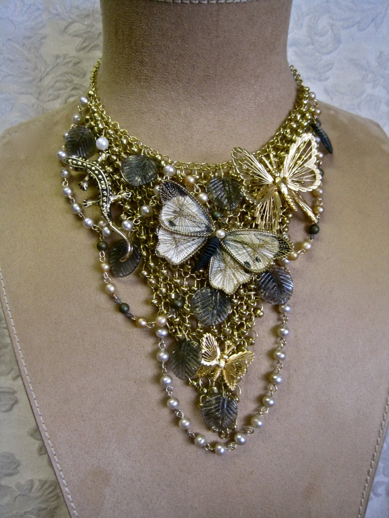 Butterfly Necklace Choker Adjustable Bib Lizard Gecko Gold Pearls Leaves Boho Bride Garden Wedding One of a Kind On the Nature of Things