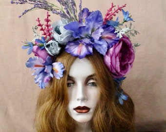 Purple Flower Fairy Headpiece IRIS Floral Statement Headband Elaborate Magenta Blue Ren Faire Photo Shoot Mardi Gras Gypsy:  Purple Magick