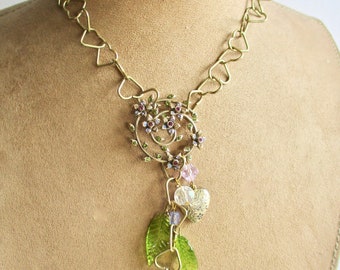 SALE Hearts 'n Flowers: Y Necklace HEART CHAIN Links Crystals Lavender Peridot Romantic Vintage Assemblage Monet Brooch Valentine's Day Gift