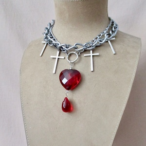 Loved to Death: Punk Bleeding Heart Choker Heavy Chains Silver Crosses Large Red Glass Heart Blood Drop Goth Rocker Statement Morticia Snow image 1