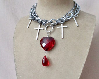 Loved to Death: Punk Bleeding Heart Choker Heavy Chains Silver Crosses Large Red Glass Heart Blood Drop Goth Rocker Statement Morticia Snow