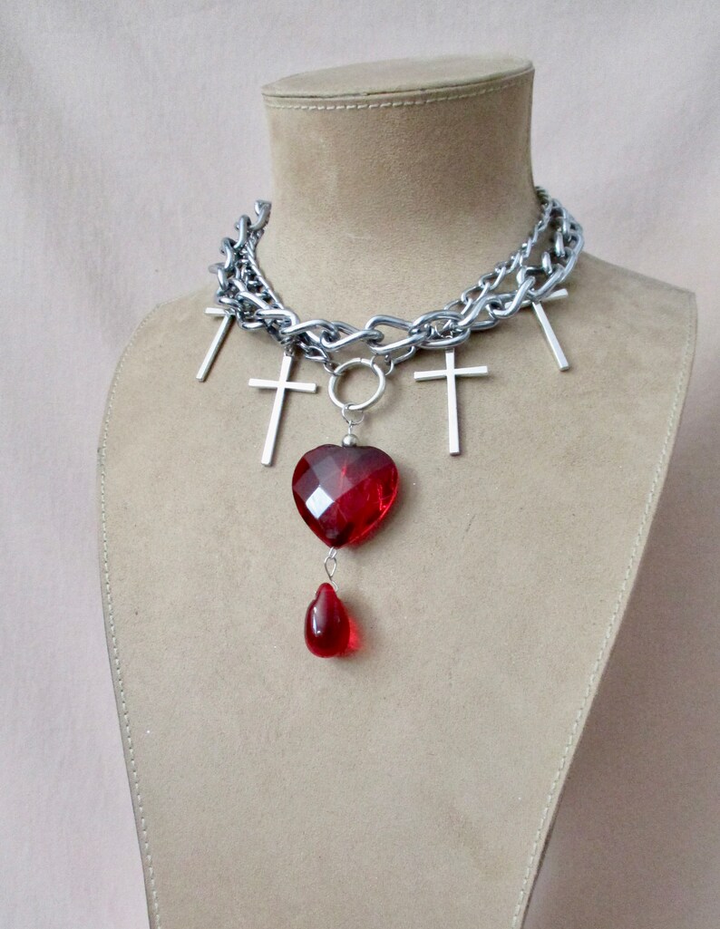 Loved to Death: Punk Bleeding Heart Choker Heavy Chains Silver Crosses Large Red Glass Heart Blood Drop Goth Rocker Statement Morticia Snow image 1