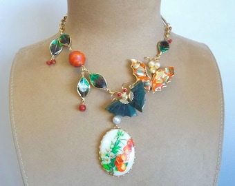 SALE Butterflies All Flutter Up: Butterfly Necklace Choker Vintage Assemblage Asian Green Jade Orange Abalone Butterfly Cherry Blossom Cameo