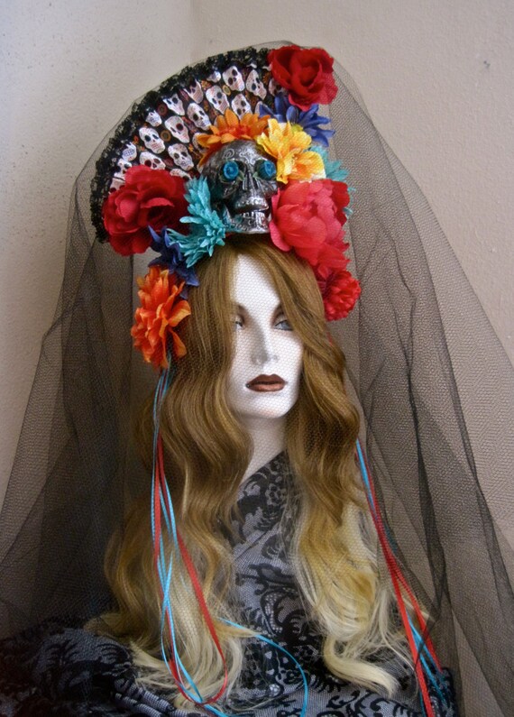 Heread Skull Halloween Headband Veil Black Flower Day and Dead