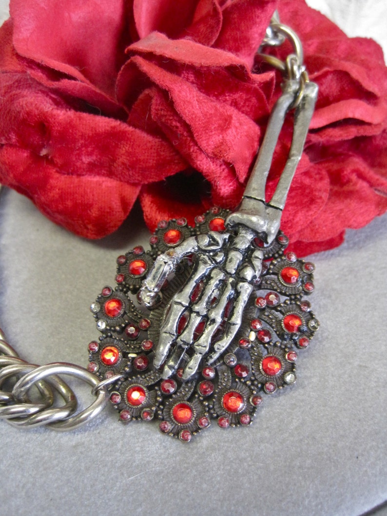 Clutch My Throat: Gothic Necklace Spooky Skeleton Hand Statement Goth Red Jewels Silver Heavy Chain Edgy Anti Valentine's Day image 3