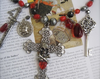 Pirate Necklace Vintage Assemblage Cross Skull Sword Silver Red Pirate Treasure Gothic: Captain Kidd's Transgressions