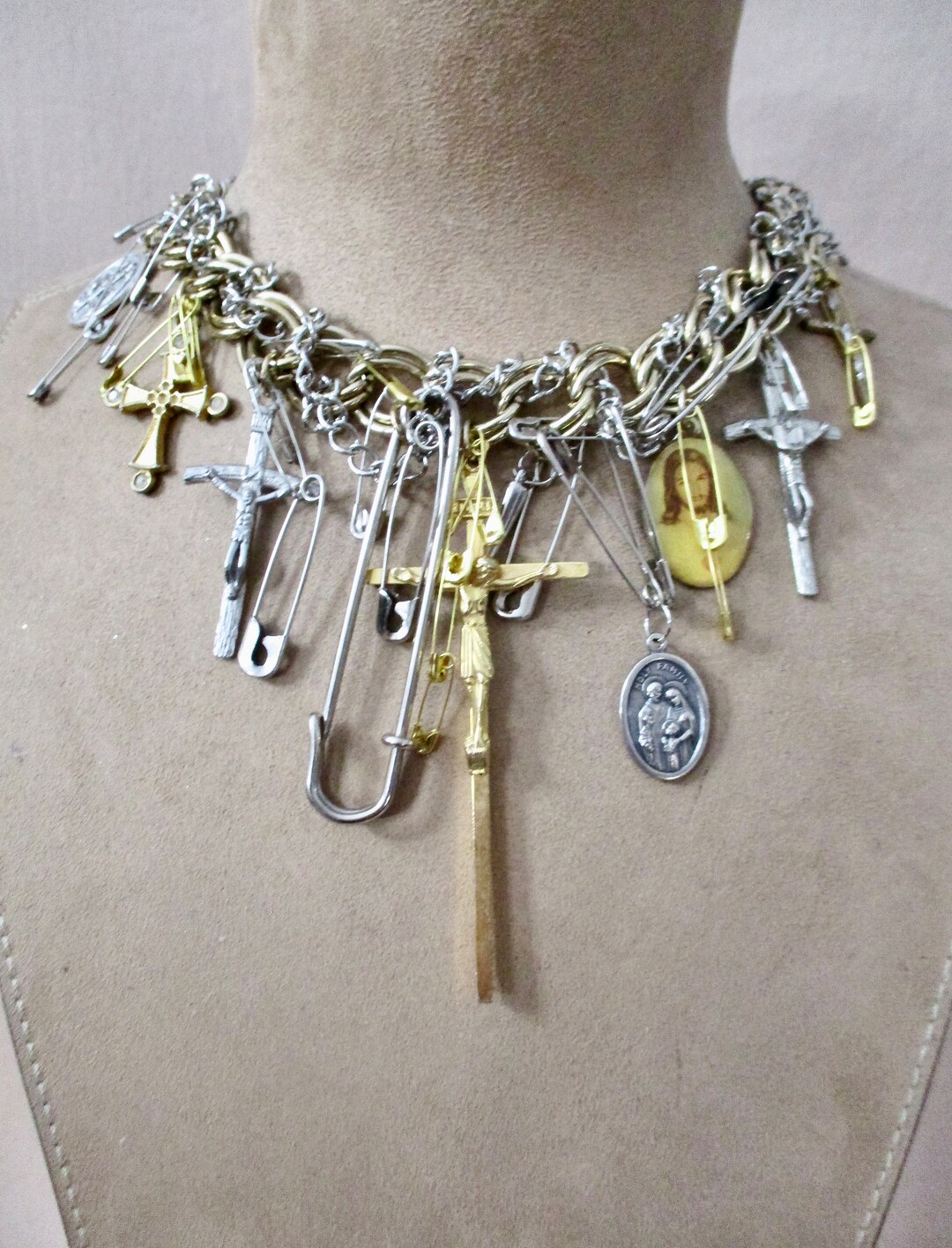 Chaos in the Aisles Punk Crosses Safety Pins Choker Necklace, Silver