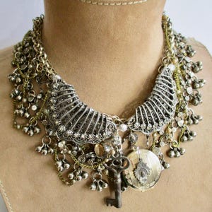 Golden Webs in the Attic: Victorian Choker Necklace Statement Antique Assemblage Locket Silver Gold Rhinestone Pearls