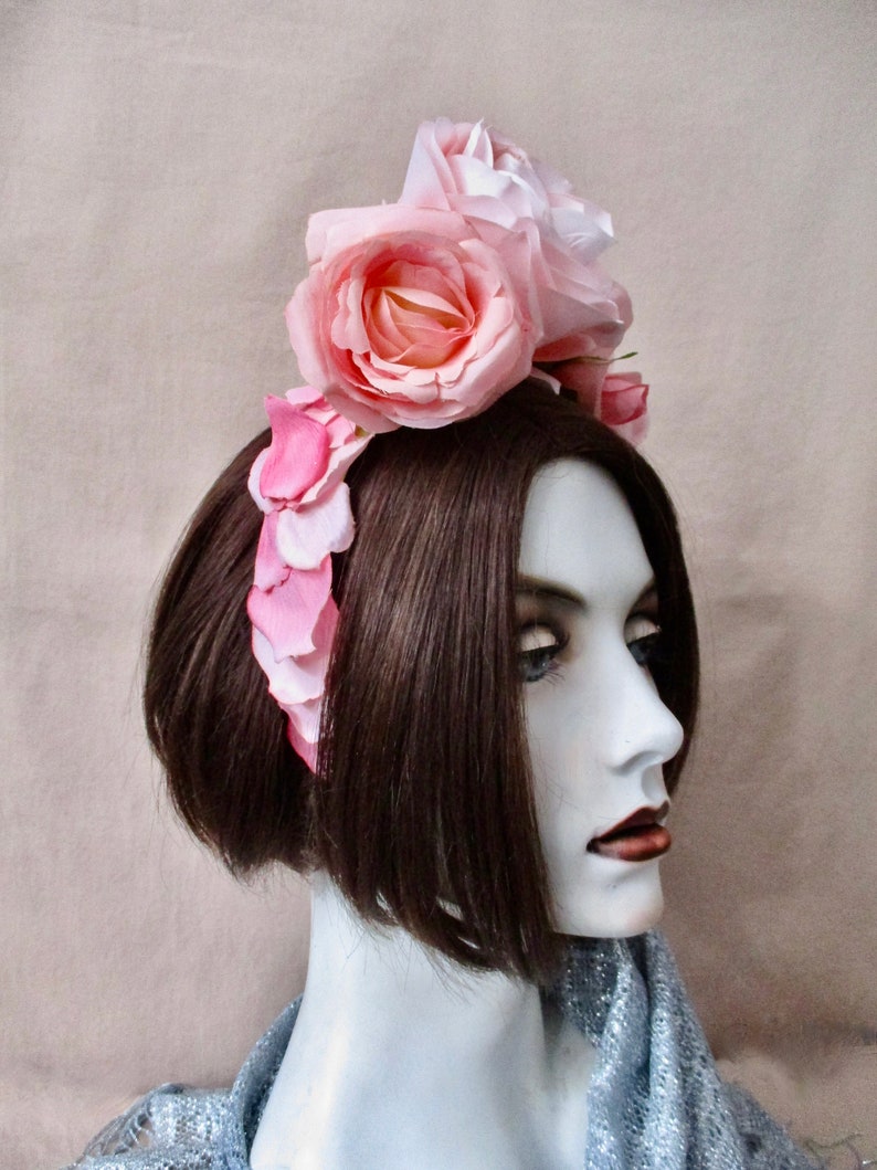 Pink Roses Headband Headpiece Flower Headband Photo Shoot Romantic Bride Headband Pink Rose Petals Morticia Snow Adult Headband: Coquette image 4