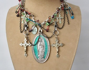 Sweet Salvation: Lady of Guadalupe Necklace Religious Punk Choker Rosary Crucifix CROSSES Colored SAFETY PINS Punk Rocker Goth New Wave