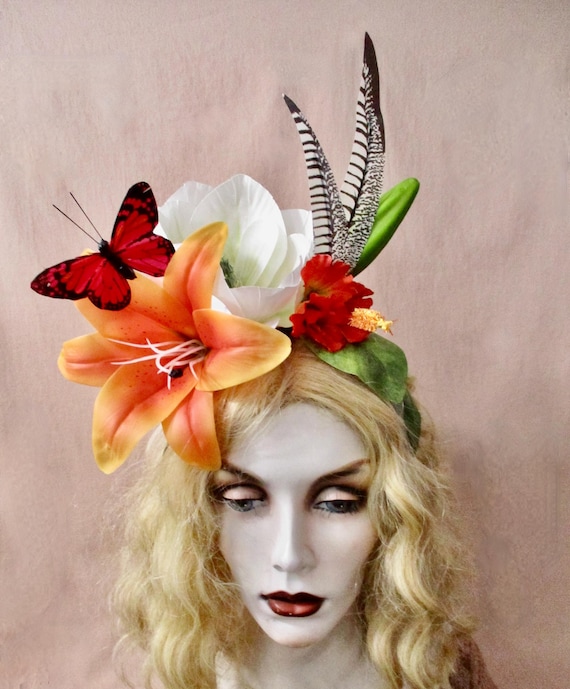 Butterfly Floral Fascinator Headband in Cream & Orange for Derby! Butterfly Fascinator- Orange Derby Hat - Etsy main image 2