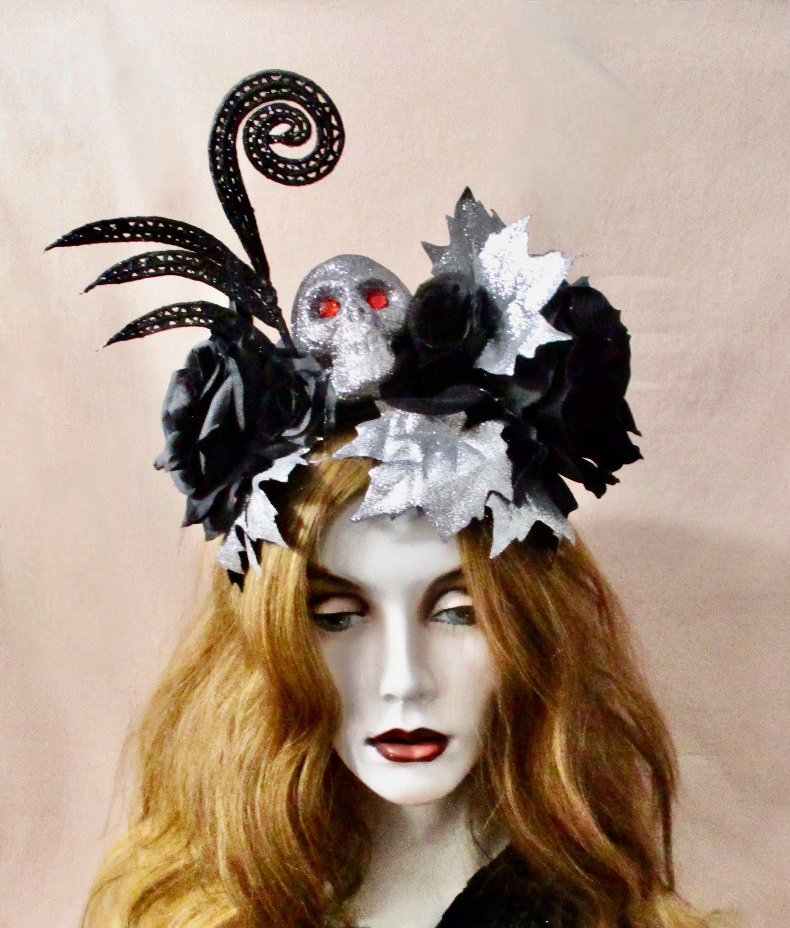 Glamorous Ghoul: Skull & Roses Headpiece Black Roses Headband Glitter Silver