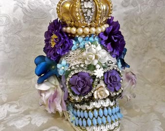 SOLD/Taking CUSTOM ORDERS Day of the Dead Skull Royal Queen Vintage Assemblage Flowers Antique Trims Jewels Your Choice of Colors