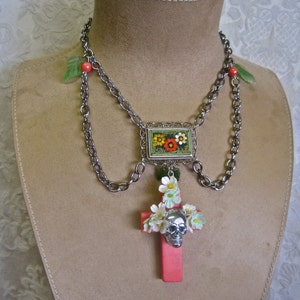 DAY of the DEAD NECKLACE Sugar Skull Choker Honeysuckle Cross Floral Silver Vintage Assemblage Micro Mosaic One of a Kind: Memorias Dulces image 2