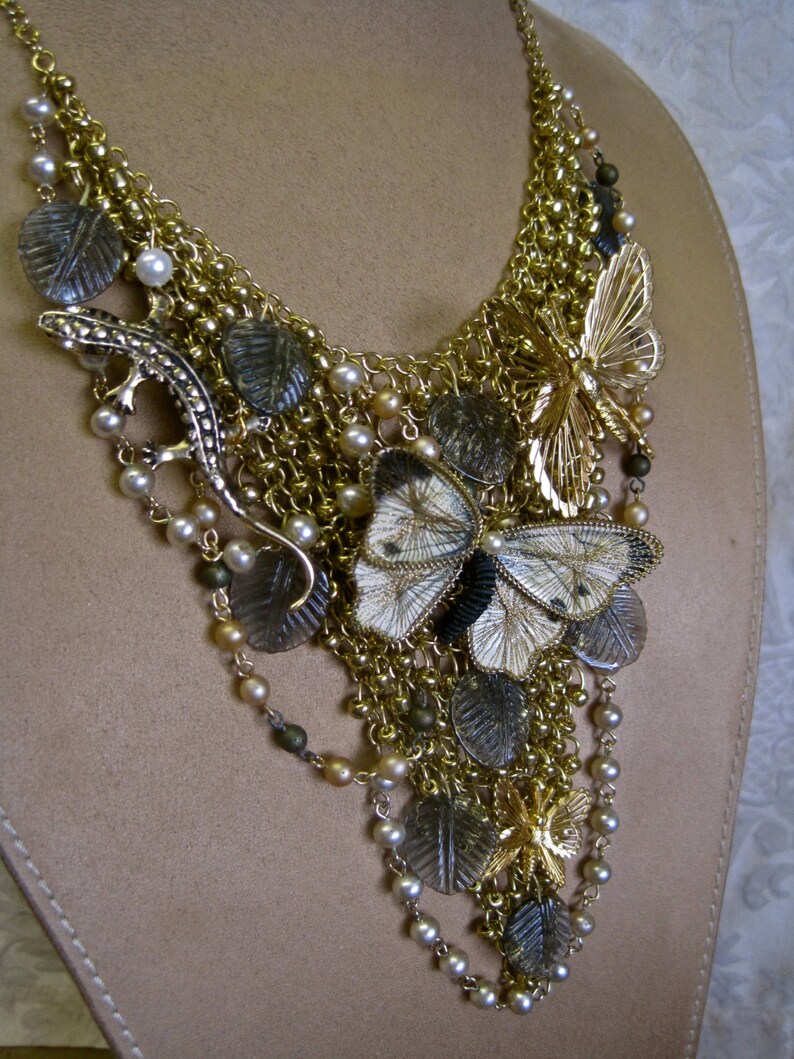 Butterfly Necklace Choker Adjustable Bib Lizard Gecko Gold Pearls Leaves Boho Bride Garden Wedding One of a Kind On the Nature of Things