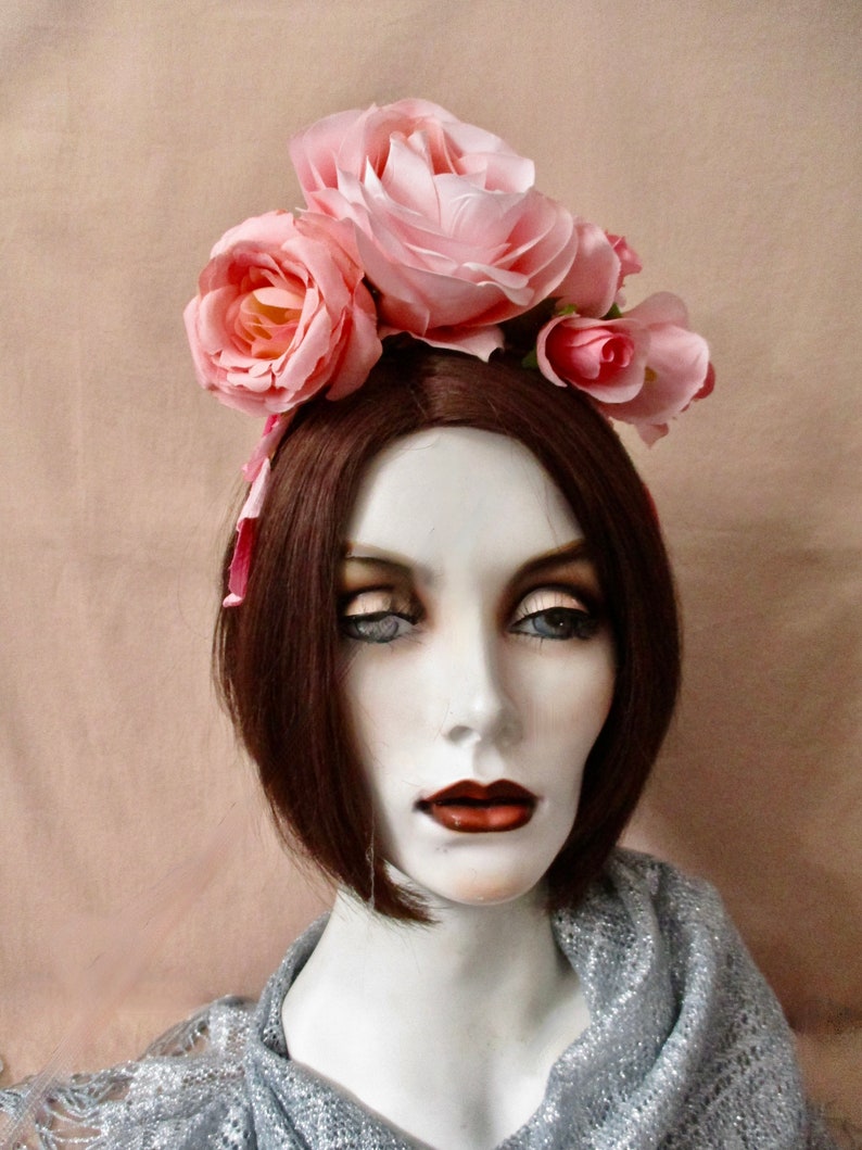 Pink Roses Headband Headpiece Flower Headband Photo Shoot Romantic Bride Headband Pink Rose Petals Morticia Snow Adult Headband: Coquette image 3