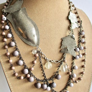 The Chase: Fish Necklace Silver Vintage Assemblage Statement 70s Fish from India Bubbles