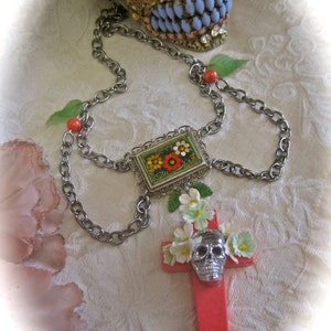 DAY of the DEAD NECKLACE Sugar Skull Choker Honeysuckle Cross Floral Silver Vintage Assemblage Micro Mosaic One of a Kind: Memorias Dulces image 5