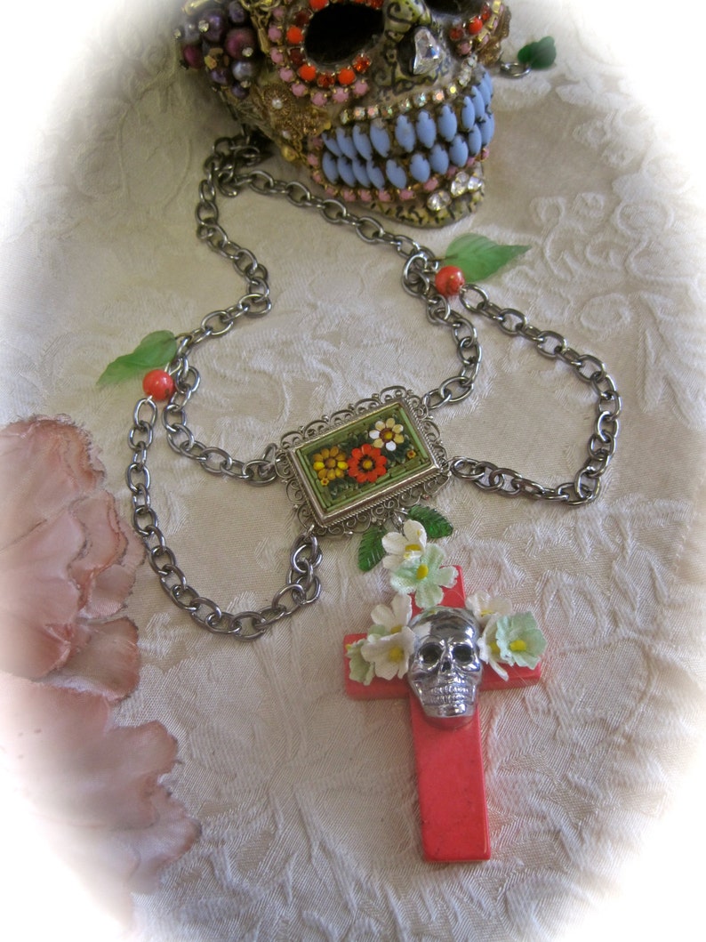 DAY of the DEAD NECKLACE Sugar Skull Choker Honeysuckle Cross Floral Silver Vintage Assemblage Micro Mosaic One of a Kind: Memorias Dulces image 5